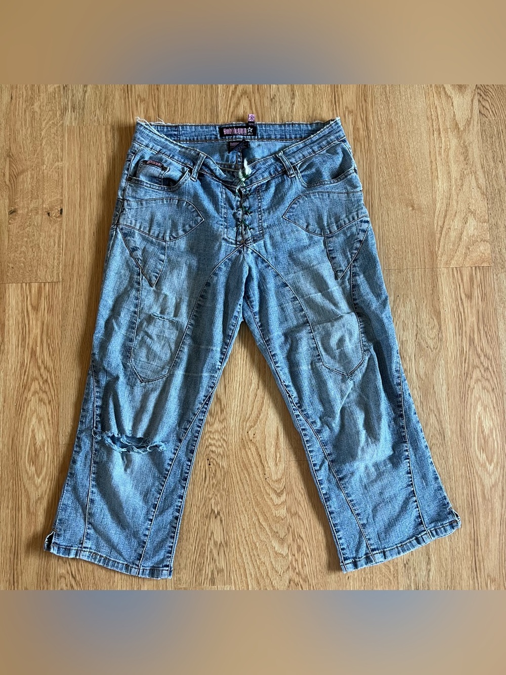 Y2K Bubblegum American Flavour Jeans Size 13/14 Blue Distressed Paneled Crop